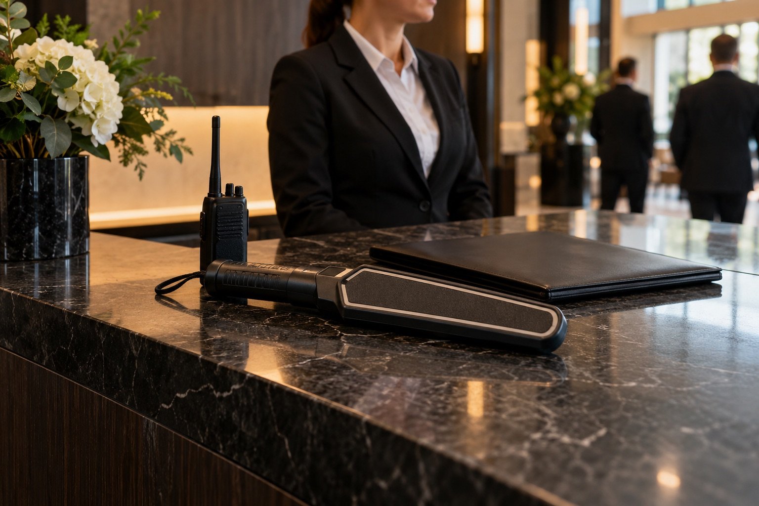 Illustrative metal detector and communication equipment at a reception desk